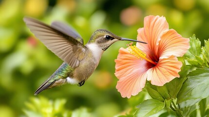 Fototapeta premium Hummingbird in flight feeding on a hibiscus flower.