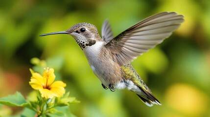Fototapeta premium A hummingbird in flight, hovering near a yellow flower.