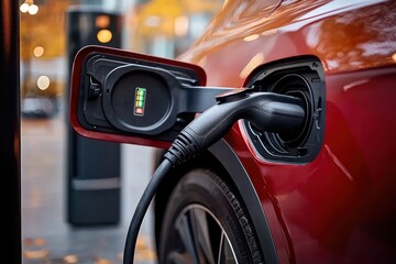 Naklejka premium Close Up of Businessman Charging Electric Vehicle at Charging Station
