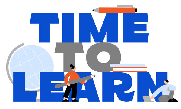 Lettering Time to Learn with pencil, globe and books text