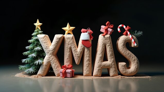 3D render of a surrealist sculpture of the letters XMAS
textured materials Christmas tree, a star, a candy cane, a gift