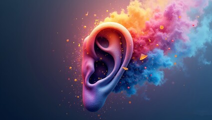 a colorful illustration of a stylish ear intertwined The stylish ears display a swirling pattern that emits a range of colors from blue and purple to red and yellow