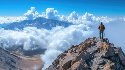 Hiker Gazes Upon Majestic Mountain Range Above Clouds