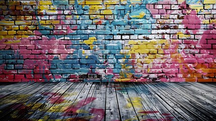Modern urban art concept featuring colorful spray paint on empty brick wall, adding a pop of color to any space