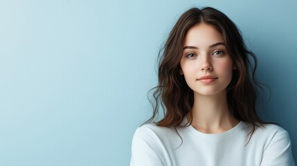 Fototapeta premium Young woman with a neutral expression, casual attire against a light blue background.