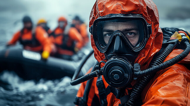 A brave rescuer in an orange suit prepares for a challenging sea mission.