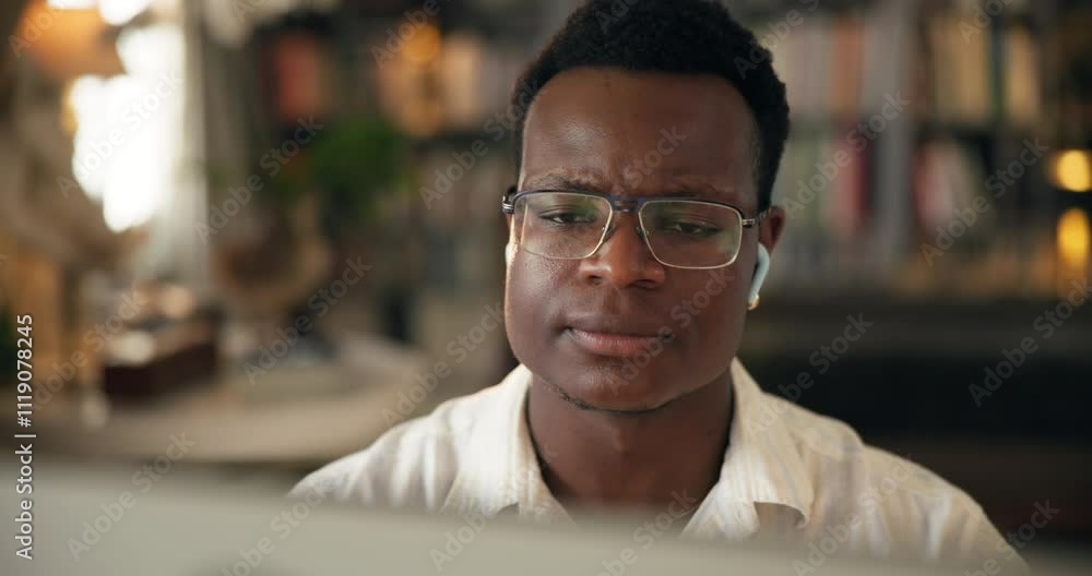 Poster video call, remote work and black man on computer for talking, discussion and virtual meeting with p