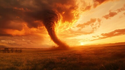 A tornado in the distance over a prairie with a broken fence in the foreground, the wind tearing at the wooden posts