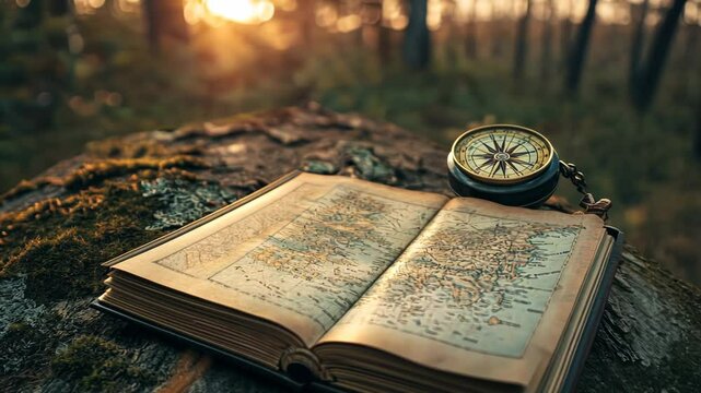 Antique compass and map book resting on a mossy log bathed in sunset light.