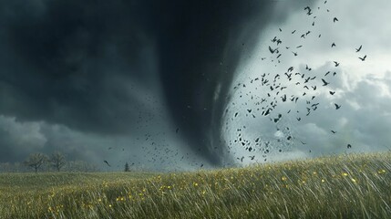 A tornado moving across a prairie with a dramatic sunset sky, the orange and red hues of the sunset contrasting with the dark