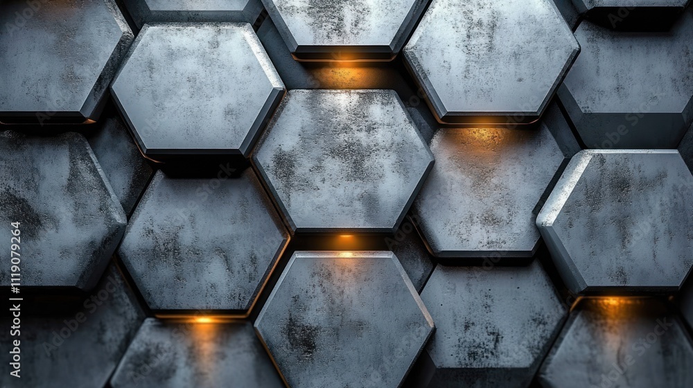 Poster hyper-realistic hexagonal wall textures in ambient light for industrial design