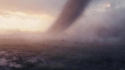 Obraz premium A tornado moving across a vast, rain-soaked prairie