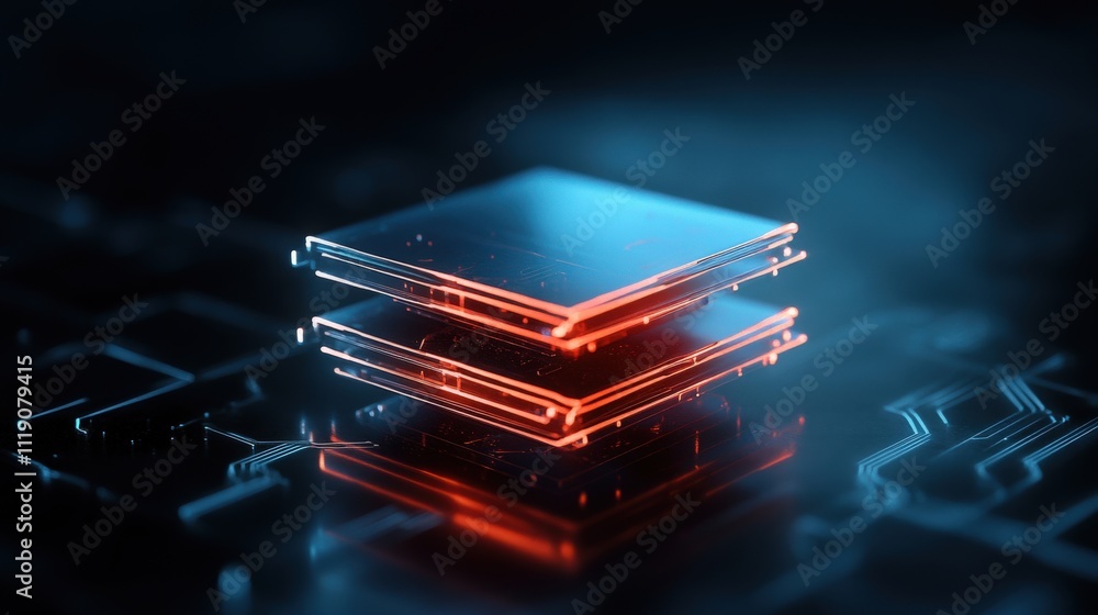 Poster Futuristic Technology Concept with Layered Transparent Plates and Abstract Circuitry in a Blue and Red Color Scheme for Digital Innovation Imagery