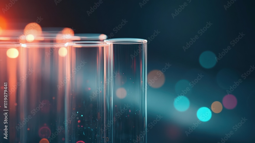 Poster Colorful Bokeh Background with Glass Test Tubes in Laboratory Setup, Abstract Science Concept, Featuring Blurred Lights and Smooth Reflections for Modern Design