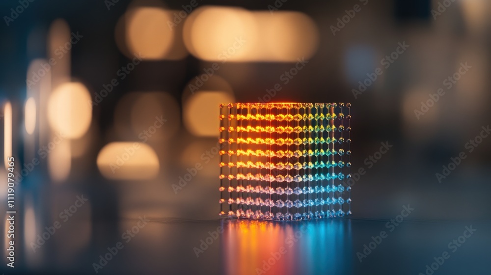 Poster A Glowing Cube with Colorful Reflections on a Smooth Surface Captured in Soft Focus, Perfect for Abstract and Modern Design Needs, Technology and Innovation Themes