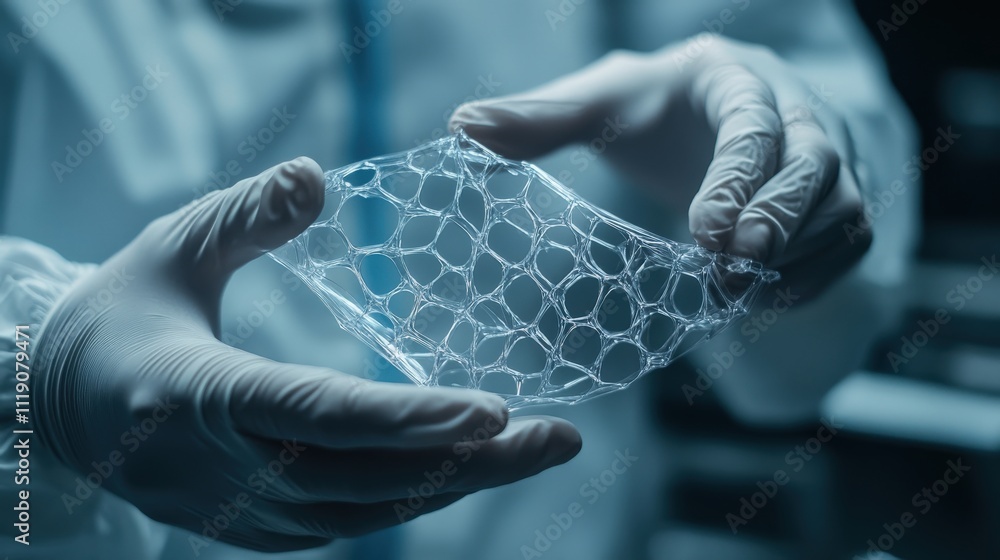 Poster close-up of a scientist holding a transparent polymer structure in a laboratory setting, showcasing 