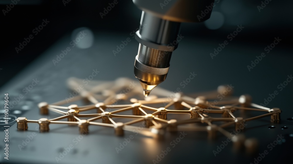 Poster precision laser engraving technology producing intricate patterns on metal surface with golden lines
