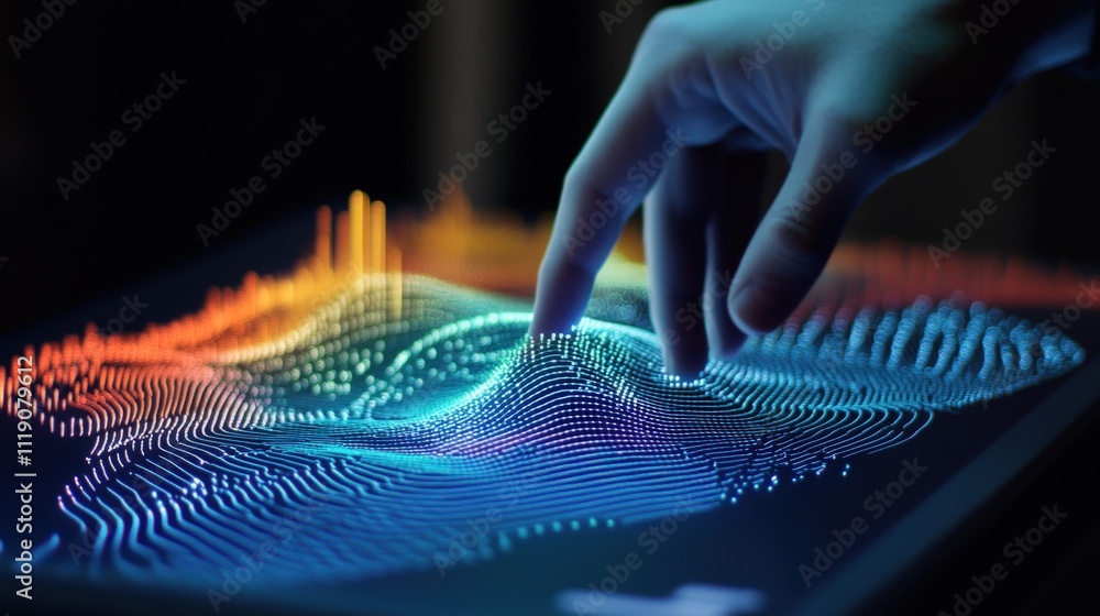 Poster Futuristic Digital Interface Displaying Colorful Wave Patterns in 3D, Human Hand Interacting with Innovative Sound Visualization Technology