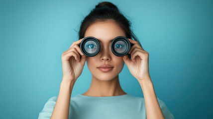 Curious young woman looking through camera lenses against a blue background, exploring different perspectives and focusing on details.