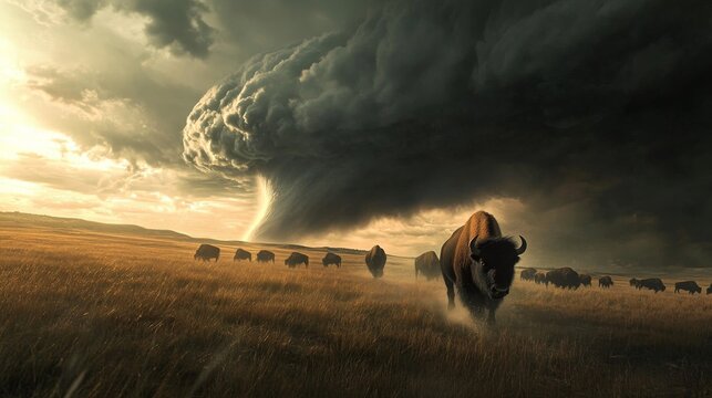 A tornado sweeping through a prairie with a distant herd of bison running away, the bison rendered in ultra detailed