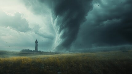 A tornado sweeping through a prairie with a distant tower silhouetted against the storm, the tower barely holding against the wind