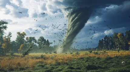 A tornado tearing through a forested area on the edge of a prairie, with trees being uprooted and debris swirling in the air