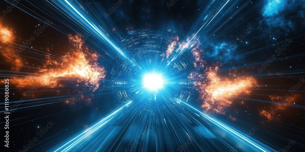 Poster light speed travel in hyperspace with blue illumination and dynamic composition