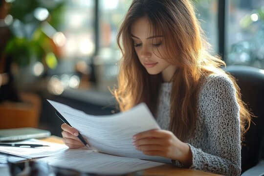 woman reviewing documents in office setting with soft morning light and pen contract approval