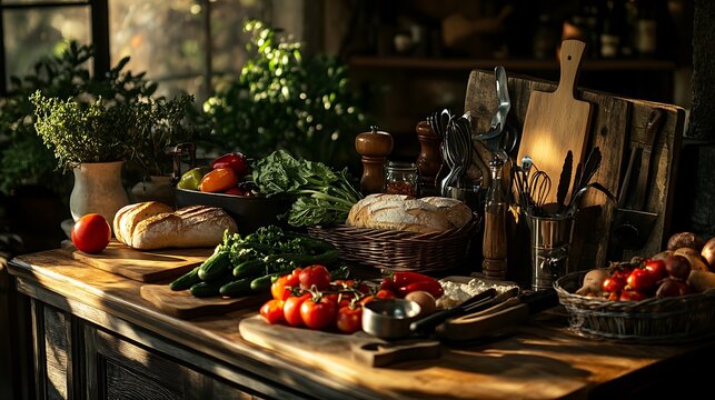 Rustic kitchen counter with fresh vegetables, bread, and herbs in warm sunlight. - Powered by Adobe