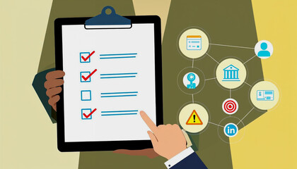 A hand holding a digital clipboard with checkmarks, encircled by data protection, financial, and...