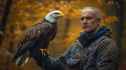 Man holding a majestic bald eagle on his gloved hand in an autumn forest, showcasing a powerful connection with nature.