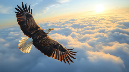 Majestic eagle soaring above the clouds at sunset, with wings spread wide, symbolizing freedom, power, and vision.