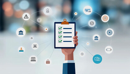 A hand holding a digital clipboard with checkmarks, encircled by data protection, financial, and...