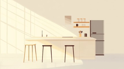 Modern Kitchen Island Design: Sunlight Streams Through Window, Illuminating Minimalist Decor, Stylish Bar Stools Add Charm
