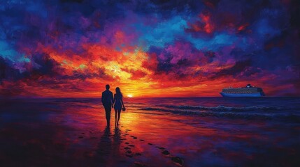 Fototapeta premium Couple Walking Beach Sunset Cruise Ship Vibrant Colors