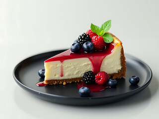 A Slice of a delicious chess cake with berry.