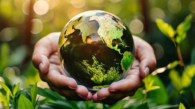 A person is holding a globe made of glass. The globe is green and has a blue and white design. The person is holding the globe with both hands
