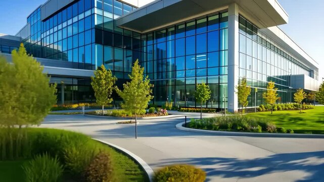 A large glass building with a green courtyard in front of it. The building has a modern design and is surrounded by trees. The courtyard is filled with flowers and plants, creating a peaceful
