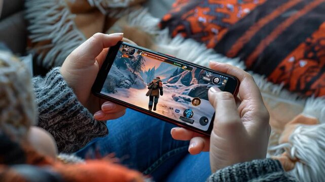 A person is playing a video game on a phone. The game is a fantasy game with a mountain in the background