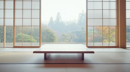 Obraz premium Tranquil Zen Room with Minimalist Design and Nature View