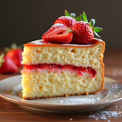 A Slice of a delicious cake with yogurt and strawberry.