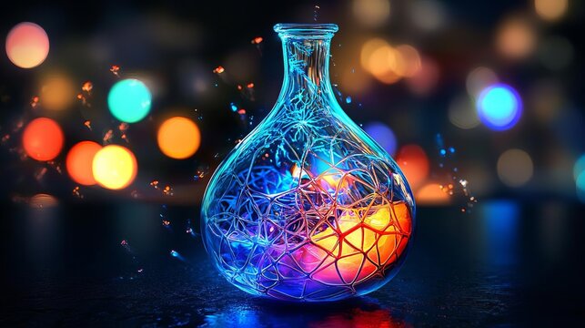 A colorful glass flask emits vibrant lights, symbolizing creativity and innovation in scientific exploration.