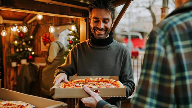 A pizza delivery man smiles as he hands a customer a pizza in a cardboard box
