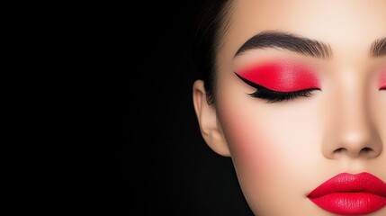 Stunning makeup look featuring bold red lipstick and eye shadow, highlighting beauty and elegance in a dramatic portrait.