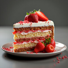 A Slice of a delicious cake with yogurt and strawberry.