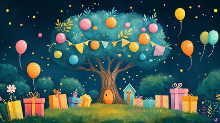 Whimsical Birthday Celebration Scene Treehouse Balloons Presents Vibrant Forest Environment Full Colorful Decoration Party Gift Light Magical Dreamlike cute card invitation party celebration clipart