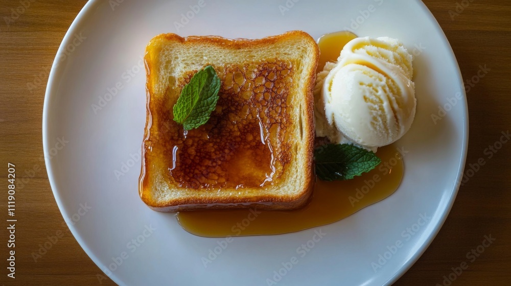 Aufkleber delicious toast with honey drizzle and ice cream on a plate