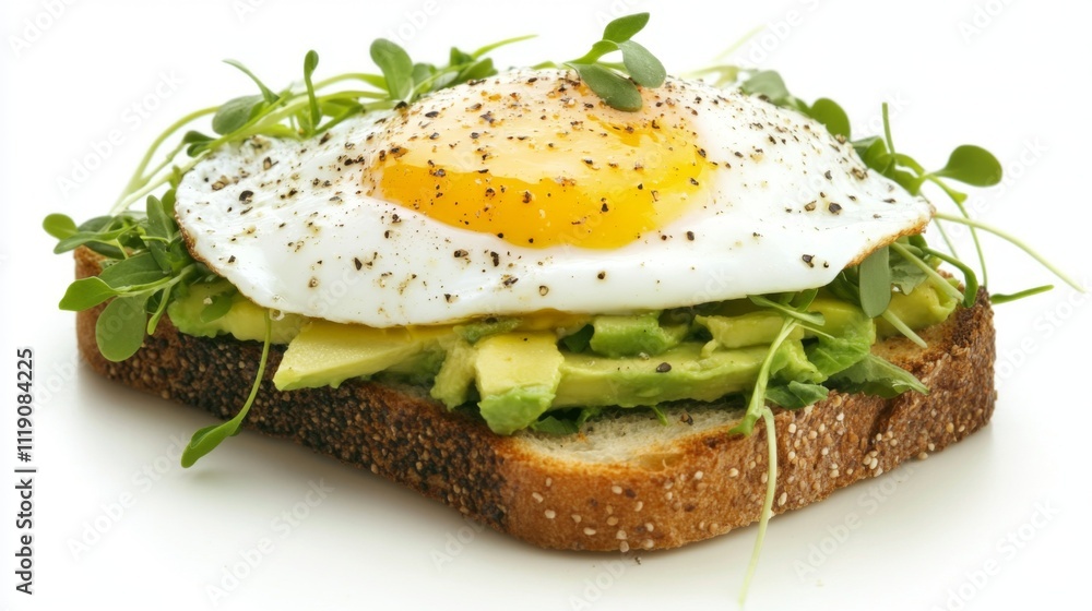 Poster Fresh Avocado Toast with Fried Egg and Microgreens on White Background