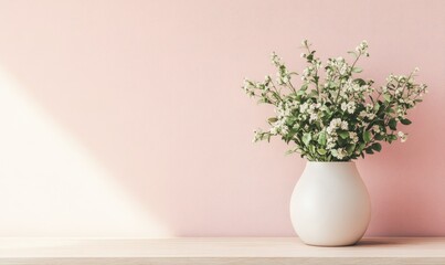 White Flowers in Vase on Wooden Shelf, Pink Wall Background, Minimalist Home Decor, Springtime Blossoms, Elegant Interior Design, Soft Pastel Colors, Calm Atmosphere, Serene Home Setting