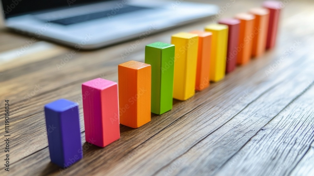 Poster Colorful Stacked Blocks Displaying Growth Concept on Wooden Table